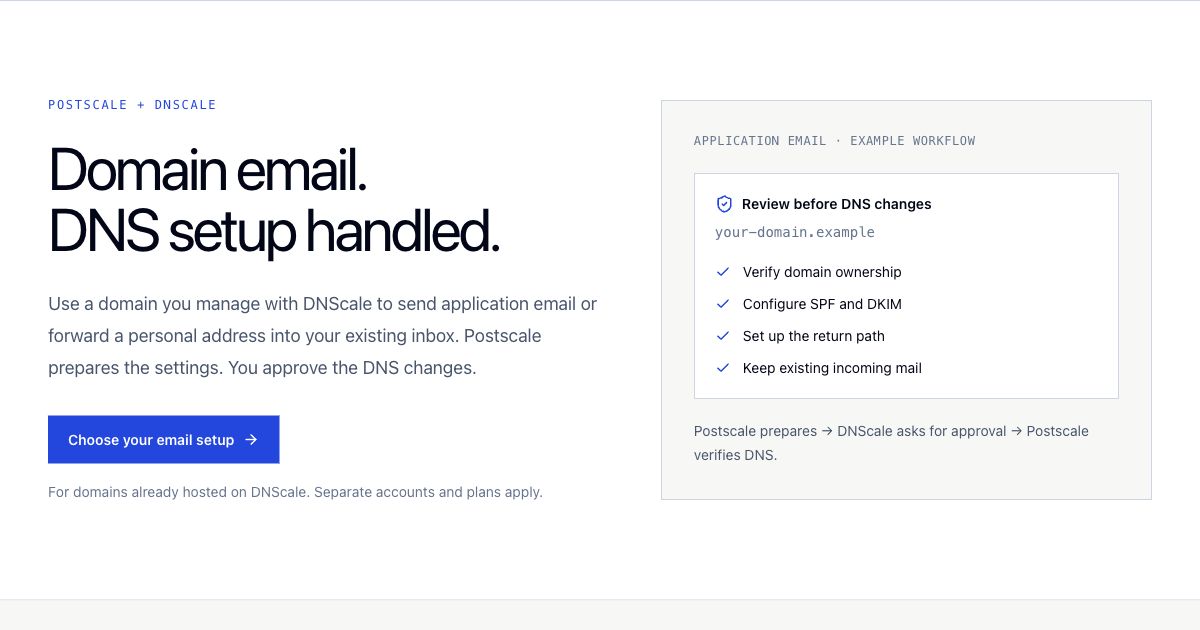 The DNScale and Postscale integration page explaining automatic email DNS setup.